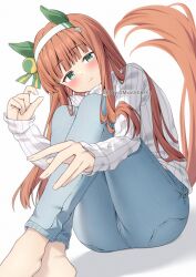 Rule 34 | 1girl, absurdres, animal ears, barefoot, blush, commentary, denim, ear covers, green eyes, hairband, highres, hime cut, horse ears, horse girl, horse tail, jeans, long hair, long sleeves, looking at viewer, orange hair, pants, puffy short sleeves, puffy sleeves, ribbed sweater, short sleeves, silence suzuka (umamusume), simple background, sitting, smile, solo, sweater, tail, twitter username, umamusume, white background, white hairband, white sweater, yamano rokamizu