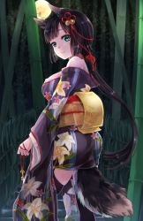 Rule 34 | 1girl, animal ears, ass, bamboo, bamboo forest, bare shoulders, bell, black hair, black kimono, black thighhighs, commentary request, cowboy shot, floral print, forest, fox ears, fox tail, from side, fujikitsune, full moon, green eyes, hair ornament, hair ribbon, holding, japanese clothes, key, kimono, light smile, long hair, looking to the side, low ponytail, moon, nature, obi, original, outdoors, ribbon, sash, short kimono, smile, solo, tail, thighhighs, wide sleeves