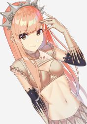 Rule 34 | 1girl, blush, breasts, brown eyes, cleavage cutout, closed mouth, clothing cutout, crop top, elbow gloves, fate/grand order, fate (series), gloves, long hair, looking at viewer, medb (fate), navel, pink hair, simple background, skirt, small breasts, smile, solo, sterilizedgauze-qhx, swept bangs, tiara, white gloves, white skirt