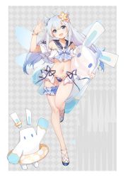 +_+ 1girl absurdres ahoge akovo bikini blue_eyes blue_hair bracelet bridal_garter chibi cone_hair_bun fairy_wings flower garter_belt genshin_impact gradient_hair hair_between_eyes hair_bun hair_flower hair_ornament highres honkai_(series) honkai_impact_3rd jewelry long_hair midriff mihoyo miyouji multicolored_hair personification sandals school_uniform serafuku stuffed_animal stuffed_toy swimsuit twintails two-tone_hair white_hair wings