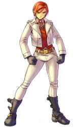 Rule 34 | 1girl, belt, black footwear, black gloves, boots, clenched hands, commentary, contrapposto, daniel fielding, english commentary, frown, full body, gloves, green eyes, hair between eyes, jacket, original, pants, red hair, red vest, serious, short hair, solo, vest, white jacket, white pants