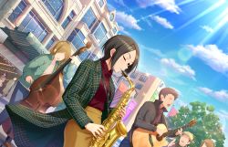 Rule 34 | 1girl, artist request, black hair, blue sky, building, cloud, coat, day, faceless, guitar, holding, holding instrument, idolmaster, idolmaster cinderella girls, idolmaster cinderella girls starlight stage, instrument, jewelry, music, official art, one eye closed, outdoors, parted bangs, pendant, plaid, playing instrument, saxophone, short hair, skirt, sky, smile, solo focus, standing, sunlight, togo ai, tree, turtleneck