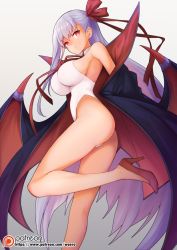 Rule 34 | 1girl, ass, bare shoulders, bb (fate), bb (fate) (all), bb (swimsuit mooncancer) (fate), bb (swimsuit mooncancer) (third ascension) (fate), breasts, chinese commentary, closed mouth, coat, colored eyelashes, commentary request, demon wings, empty eyes, fate/grand order, fate (series), from side, gradient background, grey background, hair between eyes, hair ribbon, halterneck, high heels, highleg, highleg swimsuit, large breasts, legs, long hair, looking at viewer, multicolored coat, one-piece swimsuit, patreon logo, patreon username, popped collar, purple hair, red eyes, ribbon, robe, simple background, solo, stiletto heels, swimsuit, thighs, very long hair, waero, watermark, web address, white background, white one-piece swimsuit, wings