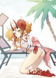 Rule 34 | 1girl, absurdres, arm support, ass, bare shoulders, barefoot, beach, beach chair, blonde hair, breasts, facial mark, fangs, fate/grand order, fate (series), fingernails, floral print, flower, forehead mark, full body, hair flower, hair ornament, hairband, hand on own cheek, hand on own face, hibiscus, highres, horns, ibaraki douji (fate), ibaraki douji (fate/grand order), ibaraki douji (swimsuit lancer) (fate), ibaraki douji (swimsuit lancer) (second ascension) (fate), japanese clothes, kimono, unworn kimono, kiritzugu, kneeling, long fingernails, looking at viewer, one-piece swimsuit, oni, oni horns, palm tree, pink kimono, sharp fingernails, sharp toenails, shore, small breasts, smile, smug, solo, swimsuit, tattoo, thighs, toenails, tree, twintails, very long fingernails, white one-piece swimsuit, yellow eyes