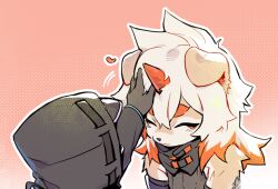 Rule 34 | 1boy, 1other, animal ears, black gloves, black hood, black shirt, chibi, closed eyes, colored tips, commentary request, doctor (arknights), furry, furry male, gloves, gradient background, horns, hung (arknights), multicolored hair, petting, shirt, single horn, smile, u2k1 (utsuki)