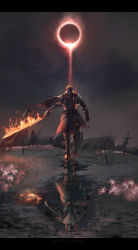 Rule 34 | 1boy, 1other, armor, armored boots, armored dress, beard, boots, breastplate, capelet, crown, dark souls (series), dark souls i, dark souls iii, eclipse, embers, facial hair, facing viewer, fire, fire, flaming sword, flaming weapon, flower, full armor, full body, gauntlets, greaves, gwyn lord of cinder, helmet, holding, holding sword, holding weapon, letterboxed, moon, outdoors, outstretched arm, pauldrons, planted, planted sword, planted weapon, plate armor, puddle, red capelet, reflection, shoulder armor, solar eclipse, soul of cinder, sun, surcoat, sword, thefearmaster, walking, water, watermark, weapon, web address