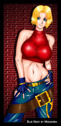 Rule 34 | 1girl, artist name, blonde hair, blue eyes, blue mary, breasts, fatal fury, fingerless gloves, gloves, highres, large breasts, looking at viewer, midriff, navel, pants, short hair, smile, snk, solo, the king of fighters, toned