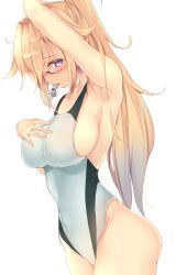 Rule 34 | 1girl, arm up, armpits, ashino, bare arms, bare legs, black hairband, blonde hair, blue eyes, blush, breasts, collarbone, commentary request, competition swimsuit, cowboy shot, fate/grand order, fate (series), from side, glasses, hairband, hand on own chest, high ponytail, highleg, highleg swimsuit, highres, impossible clothes, jeanne d&#039;arc (fate), jeanne d&#039;arc (ruler) (fate), jeanne d&#039;arc (swimsuit archer) (fate), jeanne d&#039;arc (swimsuit archer) (second ascension) (fate), large breasts, lips, looking at viewer, one-piece swimsuit, ponytail, sideboob, simple background, solo, swimsuit, thighs, wet, wet clothes, whistle, whistle around neck, white one-piece swimsuit, wide hips