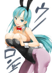 Rule 34 | 1girl, animal ears, aqua hair, bare shoulders, black leotard, bow, bowtie, breasts, breasts squeezed together, bulma, cleavage, covered navel, cowboy shot, curvy, detached collar, dragon ball, dragon ball (classic), fake animal ears, female focus, highres, knucklecurve, large breasts, leotard, long hair, looking at viewer, pantyhose, playboy bunny, purple pantyhose, rabbit ears, rabbit tail, red bow, red bowtie, smile, solo, strapless, strapless leotard, tail, white background, wrist cuffs