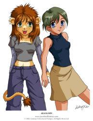 Rule 34 | 00s, 2003, 2girls, animal ears, blue eyes, blue shirt, breasts, brown hair, brown skirt, collarbone, fangs, freckles, furry, green eyes, green hair, grey pants, grey shirt, hair ornament, hairclip, jared hodges, lindsay cibos, lion ears, lion girl, lion tail, long hair, long sleeves, looking at viewer, midriff, multiple girls, navel, open mouth, pants, shirt, short hair, simple background, skirt, sleeveless, sleeveless shirt, small breasts, smile, standing, tail, teeth, white background