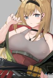 Rule 34 | 1girl, arknights, asususususu, bare shoulders, belt, black choker, black hairband, blonde hair, blue eyes, blush, breasts, choker, closed mouth, collarbone, covered erect nipples, earpiece, green jacket, grey background, grey shirt, hairband, hand on own hip, hand up, highres, horn (arknights), jacket, jewelry, large breasts, long hair, long sleeves, looking at viewer, necklace, open clothes, open jacket, shirt, simple background, solo, tank top, underbust, upper body, v-shaped eyebrows