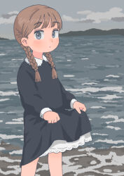 Rule 34 | 1girl, black dress, blue eyes, blush, braid, brown hair, child, closed mouth, clothes lift, cloud, collared dress, dress, dress lift, hare (tsooy18pjwdw21h), horizon, layered dress, lifting own clothes, long sleeves, ocean, original, outdoors, sky, solo, standing, twin braids, water