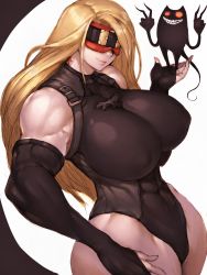 Rule 34 | 1girl, bare shoulders, blindfold, breasts, eddie (guilty gear), covered erect nipples, fumio (rsqkr), genderswap, genderswap (mtf), guilty gear, guilty gear strive, highres, huge breasts, long hair, muscular, muscular female, simple background, smile, solo, thick thighs, thighs, toned, very long hair, white background, zato-1
