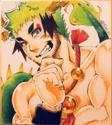 Rule 34 | 1boy, bara, beard stubble, colored pencil (medium), dragon boy, dragon horns, dragon tail, eyeliner, facial hair, green hair, hand on own chin, highres, horns, large hands, large pectorals, looking at viewer, makeup, male focus, mature male, monster boy, multicolored hair, muscular, muscular male, nude, original, pectorals, photo (medium), red eyeliner, smirk, solo, spiked tail, streaked hair, stubble, tail, thick eyebrows, traditional media, upper body, yuka michi (to5michi)