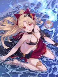 Rule 34 | 1girl, alternate costume, alternate hairstyle, between breasts, bikini, birdcage, black bikini, blonde hair, breasts, butt crack, cage, collarbone, colored eyelashes, commentary request, contemporary, detached collar, earrings, ereshkigal (fate), fate/grand order, fate (series), feet, from above, hair ribbon, hoop earrings, jewelry, legs, long hair, looking at viewer, lowleg, lowleg bikini, medium breasts, midriff, necklace, open mouth, parted bangs, ponytail, red bikini, red eyes, ribbon, sand, sarong, sitting, solo, spine, stomach, swimsuit, water, wet, wet clothes, yachimoto