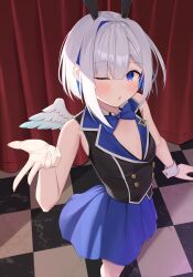 Rule 34 | 1girl, absurdres, amane kanata, angel wings, animal ears, armpit crease, blue bow, blue bowtie, blue hair, bow, bowtie, bunny garden, colored inner hair, cosplay, from above, gonza3 v, grey hair, highres, hololive, miuka (bunny garden), miuka (bunny garden) (cosplay), multicolored hair, one eye closed, purple eyes, rabbit ears, short hair, skirt, solo, virtual youtuber, wings, wrist cuffs