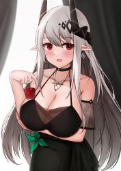 Rule 34 | 1girl, arknights, arm under breasts, bare shoulders, black choker, black dress, blush, breasts, choker, cleavage, collarbone, commentary, cup, dress, drinking glass, hair between eyes, hand up, highres, holding, holding cup, horns, jewelry, kyomu (7641), large breasts, long hair, looking at viewer, mudrock (arknights), mudrock (obsidian) (arknights), necklace, official alternate costume, open mouth, pointy ears, red eyes, sidelocks, silver hair, solo, upper body, very long hair