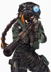 Rule 34 | 1girl, aiming, aiming at viewer, ar-15, assault rifle, braid, braided ponytail, commentary request, cosplay, eyepatch, girls&#039; frontline, gloves, gun, handgun, headphones, holstered, jackal (rainbow six siege), m16a1 (girls&#039; frontline), persocon93, pistol, pouch, rainbow six siege, rifle, scope, single braid, solo, spanish commentary, suppressor, tactical clothes, weapon