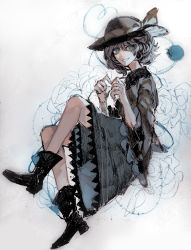 Rule 34 | 1girl, black footwear, black hat, blouse, boots, bow, commentary, frilled sleeves, frills, from side, full body, green eyes, green hair, green skirt, hair between eyes, hands up, hat, hat bow, heart, heart hands, heart of string, highres, komeiji koishi, long sleeves, looking at viewer, looking to the side, parted lips, shirt, short hair, simple background, sketch, skirt, smile, solo, symbol-only commentary, teeth, third eye, tian (my dear), touhou, white background, wide sleeves, yellow bow, yellow shirt
