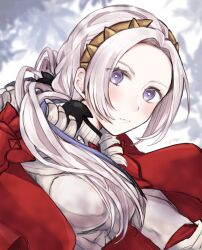 Rule 34 | 1girl, armor, blush, breastplate, cape, closed mouth, commentary request, edelgard von hresvelg, fire emblem, fire emblem: three houses, fire emblem warriors: three hopes, forehead, hairband, highres, long hair, looking at viewer, misato hao, nintendo, official alternate costume, official alternate hairstyle, purple eyes, red cape, signature, solo, white hair, yellow hairband