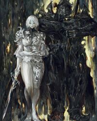 Rule 34 | 1boy, 1girl, abstract background, armor, black armor, black footwear, grey armor, highres, holding, holding sword, holding weapon, jingliang j, knight, leg armor, original, pale skin, short hair, shoulder armor, standing, sword, weapon, white hair