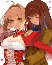 Rule 34 | 2girls, :d, ahoge, blue bow, blush, bow, braid, braided bun, breasts, brown hair, cleavage, closed eyes, couple, dress, epaulettes, fate/extra, fate (series), green eyes, hair bun, hair intakes, hair ribbon, hand on another&#039;s waist, hand up, highres, juliet sleeves, kishinami hakuno (female), long hair, long sleeves, medium breasts, multiple girls, nero claudius (fate), nero claudius (fate) (all), nero claudius (fate/extra), open mouth, petals, puffy sleeves, raised eyebrows, red dress, red ribbon, ribbon, rose petals, school uniform, sidelocks, simple background, single hair bun, smile, tsukumihara academy uniform (fate/extra), upper body, uxco0, white background, yuri