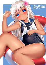 Rule 34 | 1girl, 22-sai (1092344778), absurdres, bad id, bad pixiv id, black one-piece swimsuit, blonde hair, blue background, blue eyes, border, character name, crop top, feet out of frame, flower, hair flower, hair ornament, highres, huge filesize, kantai collection, lifebuoy, long hair, looking at viewer, lying, one-piece swimsuit, one-piece tan, ro-500 (kancolle), sailor collar, school swimsuit, smile, solo, swim ring, swimsuit, swimsuit under clothes, tan, tanline, white border