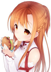 Rule 34 | 10s, 1girl, :t, asuna (sao), bad id, bad pixiv id, bare shoulders, blush, braid, brown eyes, brown hair, burger, detached sleeves, eating, food, food on face, hase neet, holding, long hair, simple background, solo, sword art online, upper body, white background