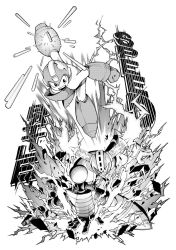 Rule 34 | 2boys, android, arm cannon, arm up, capcom, clenched hand, clenched teeth, commentary request, duel, electricity, english text, falling, furu kaze, fuse man, greyscale, helmet, male focus, mega man (character), mega man (classic), mega man (series), mega man 11, midair, monochrome, multiple boys, open mouth, powering up, simple background, standing, teeth, translation request, weapon, white background
