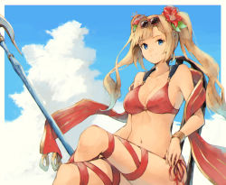 Rule 34 | 10s, 1girl, bad id, bad pixiv id, bikini, blonde hair, blue eyes, blue sky, bracelet, breasts, chair, cleavage, cloud, cloudy sky, collarbone, crossed legs, day, eyewear on head, flower, granblue fantasy, hair flower, hair ornament, hibiscus, holding, holding weapon, jewelry, koretsuki azuma, leg ribbon, long hair, looking at viewer, medium breasts, navel, o-ring, o-ring bikini, outdoors, polearm, red-framed eyewear, red bikini, red ribbon, ribbon, side-tie bikini bottom, sitting, sky, smile, solo, sunglasses, swimsuit, thigh ribbon, twintails, weapon, zeta (granblue fantasy), zeta (summer) (granblue fantasy)