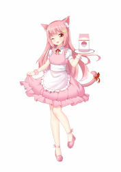 Rule 34 | 1girl, ;d, animal ears, apron, blush, cat ears, cat girl, cat tail, chihong de tianshi, dress, frilled apron, frills, full body, head tilt, holding, holding tray, long hair, looking at viewer, one eye closed, open mouth, original, personification, pink dress, pink footwear, pink hair, puffy short sleeves, puffy sleeves, red eyes, red ribbon, ribbon, shirt, shoes, short sleeves, simple background, skirt hold, sleeveless, sleeveless dress, smile, solo, standing, standing on one leg, tail, tail ornament, tail ribbon, teeth, tray, upper teeth only, very long hair, waist apron, white apron, white background, white shirt