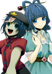 Rule 34 | 2girls, belt, blue eyes, blue hair, blunt bangs, dress, flower, hair ornament, hair rings, hair stick, hat, highres, jiangshi, kaku seiga, looking at another, miyako yoshika, multiple girls, ofuda, open mouth, outstretched arms, shawl, short hair, simple background, skirt, smile, star (symbol), teeth, touhou, upper teeth only, vest, white background, witoi (roa), zombie pose