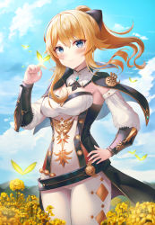 Rule 34 | 1girl, absurdres, armpits, black bow, black capelet, blonde hair, blue eyes, bow, breasts, bug, butterfly, butterfly on hand, capelet, cleavage, cloud, cowboy shot, detached collar, detached sleeves, flower, genshin impact, hair between eyes, hair bow, hand on own hip, highres, huge filesize, insect, insect on finger, jean (genshin impact), large breasts, long hair, long sleeves, looking at viewer, mountain, outdoors, pants, ponytail, sidelocks, sky, smile, solo, tight clothes, tight pants, wakum, white legwear, white pants