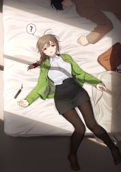 Rule 34 | 1boy, 1girl, ?, bed, black pantyhose, black skirt, blazer, bralines, brown hair, commentary, dress shirt, from above, green jacket, hair ornament, hair over shoulder, hair scrunchie, half-closed eyes, high-waist skirt, highres, idolmaster, idolmaster cinderella girls, indoors, jacket, kamille (vcx68), charm (object), lying, medium hair, messy hair, miniskirt, no shoes, office lady, on back, on bed, open clothes, open jacket, out of frame, pantyhose, pencil skirt, red eyes, red scrunchie, scrunchie, senkawa chihiro, shirt, skirt, spoken question mark, sunlight, untucked shirt, waking up, white shirt, wing collar