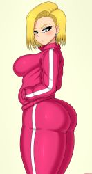 Rule 34 | 1girl, absurdres, android 18, artist name, ass, blonde hair, blue eyes, blush, breasts, dragon ball, dragon ball super, dragonball z, drunkavocado, earrings, from side, hands in pockets, highres, huge ass, jacket, jewelry, large breasts, looking at viewer, pants, short hair, solo, thick thighs, thighs, tight clothes, tight pants, track jacket, track pants, track suit, white background