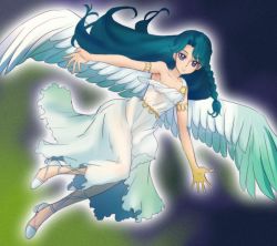Rule 34 | 1girl, angel wings, blue eyes, blue hair, braid, dress, flying, go! princess precure, haruyama kazunori, kaidou minami, long hair, looking at viewer, matching hair/eyes, precure, single braid, solo, white dress, wings