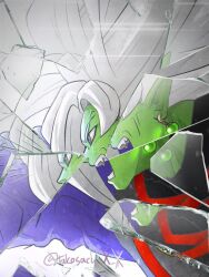 1boy black_bodysuit bodysuit colored_skin dragon_ball dragon_ball_super earrings from_side fused_zamasu glass green_skin grey_eyes jewelry melting multicolored_skin mutation pointy_ears potara_earrings purple_skin sharp_teeth solo spiked_hair takosacup teeth white_hair