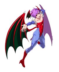 Rule 34 | 1girl, animal print, bat print, blue pantyhose, boots, capcom, clothing cutout, diamond cutout, head wings, high heel boots, high heels, leotard, lilith aensland, looking at viewer, open mouth, pantyhose, print pantyhose, purple hair, red eyes, red footwear, red leotard, short hair, simple background, smile, solo, soyasengoku, strapless, strapless leotard, teeth, upper teeth only, vampire (game), white background, wings