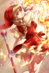 Rule 34 | 1girl, blonde hair, bow, bracelet, braid, breasts, dragon quest, dragon quest xi, dress, fire, from behind, hat, holding, holding staff, jewelry, kneepits, lioreo, long hair, looking back, medium breasts, puffy short sleeves, puffy sleeves, purple eyes, red dress, red hat, short dress, short sleeves, smile, solo, staff, twin braids, veronica (dq11), waist bow