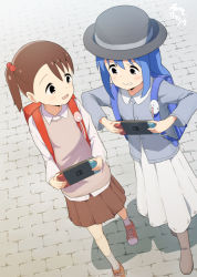 Rule 34 | 2girls, :d, aayh, akamatsu yui, aoyama kotoha (mitsuboshi colors), backpack, bag, blue hair, boots, brown eyes, brown footwear, brown hair, brown skirt, child, clenched teeth, collared jacket, collared shirt, commentary request, crime prevention buzzer, dress, from above, grey jacket, grey legwear, hair bobbles, hair ornament, holding, jacket, long hair, long sleeves, looking at another, mitsuboshi colors, multiple girls, nintendo switch, open mouth, outdoors, pleated skirt, randoseru, red footwear, resolution mismatch, shirt, shoes, side ponytail, skirt, smile, socks, source larger, standing, sweater vest, teeth, twitter username, v-shaped eyebrows, very long hair, white dress, white shirt