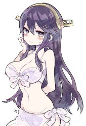Rule 34 | 1girl, bad id, bad twitter id, bare shoulders, bikini, black hair, blush, bracelet, breasts, cleavage, hair between eyes, hair ornament, hairclip, haruna (kancolle), jewelry, kantai collection, large breasts, long hair, looking at viewer, mika (hh7), simple background, solo, swimsuit, white background, white bikini