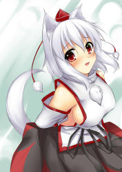 Rule 34 | 1girl, animal ears, arms behind back, bare shoulders, blush, breasts, detached sleeves, female focus, hat, highres, hoshizuki (seigetsu), inubashiri momiji, large breasts, looking at viewer, no bra, red eyes, short hair, sideboob, silver hair, solo, tail, tokin hat, touhou, upper body, wolf ears, wolf tail