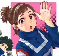 Rule 34 | 1boy, 1girl, afro, blush stickers, boku no hero academia, brown eyes, brown hair, commentary request, dirty, dirty face, freckles, gloves, green eyes, green gloves, green hair, hair up, highres, midoriya izuku, open mouth, pink background, school uniform, short hair, two-tone gloves, u.a. school uniform, uraraka ochako, waving, white background, white gloves, yomoyama yotabanashi