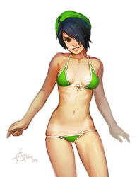 Rule 34 | 00s, 1girl, 2008, arne (android arts), bikini, black hair, breasts, brown eyes, cowboy shot, front-tie bikini top, front-tie top, green bikini, hair over one eye, lips, looking at viewer, navel, noitu love 2, parted lips, rev lover, short hair, signature, sketch, small breasts, solo, swimsuit