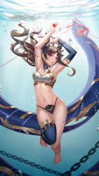 Rule 34 | 1girl, air bubble, armpits, arms up, bare shoulders, bikini, black bikini, breasts, brown hair, bubble, chain, cleavage, fate/grand order, fate (series), full body, gem, highres, hip focus, holding, ishtar (fate), l.bou, long hair, looking at viewer, medium breasts, mismatched bikini, navel, parted bangs, parted lips, red eyes, revision, single sleeve, solo, swimsuit, thighhighs, thighs, tohsaka rin, tsurime, underwater, wavy hair, white bikini