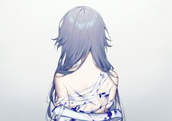 Rule 34 | 1girl, absurdres, alternate blood color, back, bandaged chest, bandaged torso, blood, blood on back, blue blood, blue hair, chinese clothes, clothes pull, from behind, fu hua, fu hua (azure empyrea), fu hua (taixuan impression), grey hair, hair down, hand on own arm, hanfu, highres, honkai (series), honkai impact 3rd, injury, long hair, saya atang, scar, scar on back, simple background, solo, unworn clothes, upper body, white background, white hanfu