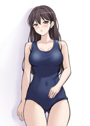 Rule 34 | 1girl, arm at side, bang dream!, bang dream! it&#039;s mygo!!!!!, bare arms, bare shoulders, black hair, blue one-piece swimsuit, blush, breasts, collarbone, commentary request, covered navel, cowboy shot, hair behind ear, hair between eyes, hand on own stomach, highres, large breasts, long hair, looking at viewer, mole, mole under eye, one-piece swimsuit, parted lips, ptal, purple eyes, school swimsuit, shadow, shiina taki, simple background, solo, standing, swimsuit, white background