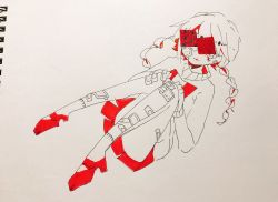 Rule 34 | 1girl, bandaid, bandaid on knee, bandaid on leg, blood, blood from mouth, blood in hair, blood on face, braid, closed mouth, commentary, facing viewer, full body, greyscale, hands on own knees, high heels, highres, knees together feet apart, long sleeves, looking at viewer, low twin braids, madotsuki, monochrome, outo eguchi, pleated skirt, red footwear, red skirt, skirt, sweater, symbol-only commentary, twin braids, yume nikki