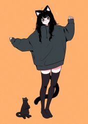 1girl animal_ear_fluff animal_ears black_cat black_hair black_hoodie black_thighhighs blush_stickers cat cat_ears cat_girl cat_tail closed_mouth commentary_request full_body hands_up highres hood hood_down hoodie long_hair long_sleeves megateru no_shoes orange_background original puffy_long_sleeves puffy_sleeves simple_background sleeves_past_wrists smile solo standing tail thighhighs