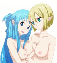 Rule 34 | 10s, 2girls, asuna (sao), blonde hair, blue eyes, blue hair, breasts, elf, erika (sao), green eyes, happy, height difference, highres, iracco, large breasts, looking at viewer, mother and daughter, multiple girls, nipples, nude, open mouth, pointy ears, simple background, small breasts, smile, sword art online, white background